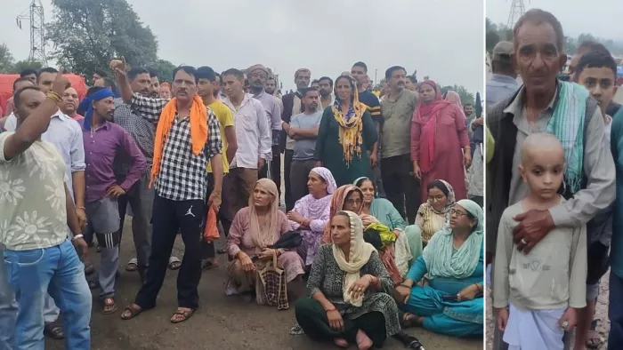 व्यक्ति की मौत के विरोध में प्रदर्शन करते लोग व मृतक का बेटा और पिता। जागरण