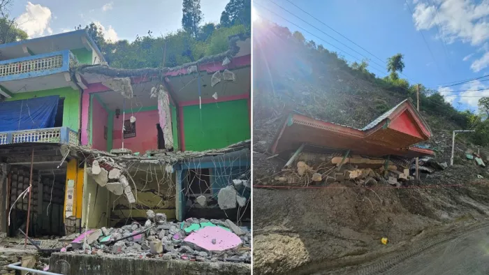 जिला मंडी में बालीचौकी के जीरो चौक पर हो रहा लैंडस्लाइड। जागरण