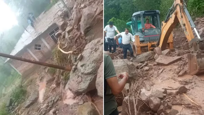 जिला मंडी के धर्मपुर क्षेत्र में पहाड़ी से गिरा मलबा व राहत कार्यों में जुटी मशीनरी। जागरण