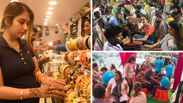 Karwa Chauth 2022: करवाचौथ की पूर्व संध्या पर एक दुकान में ज्वेलरी पसंद करती एक युवतीl जागरण