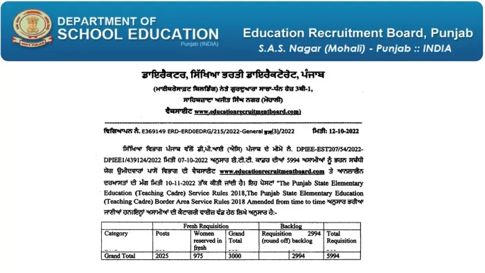 पंजाब ईटीटी टीचर भर्ती 2022 के लिए आवेदन आधिकारिक वेबसाइट, educationrecruitmentboard.com पर 10 नवंबर तक कर सकेंगे।