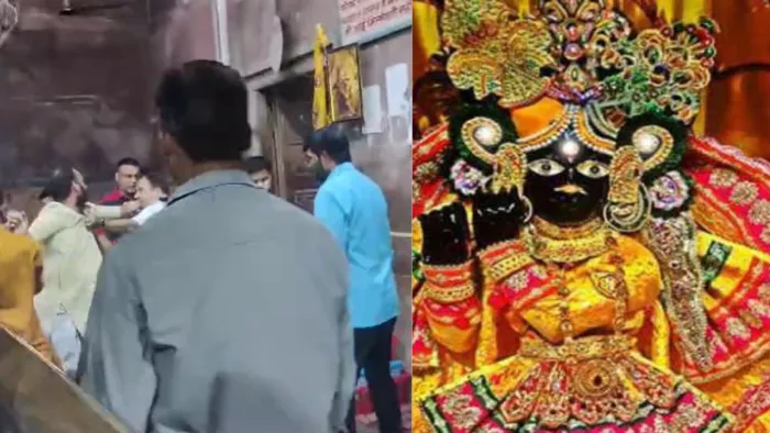 ठाकुर बांकेबिहारी मंदिर में झगड़ा करते सेवायत।
