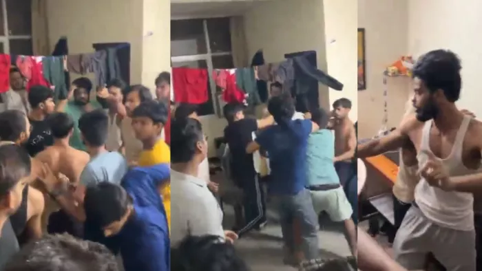 वायरल वीडियो में मारपीट करते छात्र। (फोटो सौ.-सोशल मीडिया)