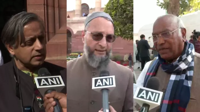 तवांग मुद्दे पर बोले कांग्रेस अध्यक्ष मल्लिकार्जुन खरगे, असदुद्दीन ओवैसी व शशि थरूर (फोटो एएनआइ)