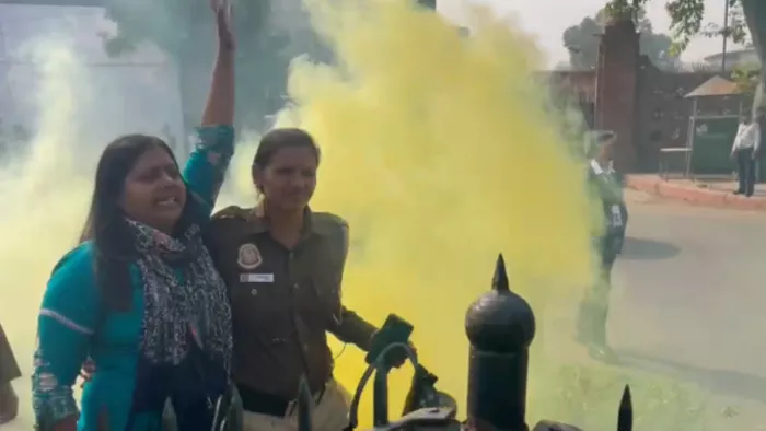 संसद के बाहर से नीलम हिरासत में ली गई। वीडियो ग्रैब जागरण