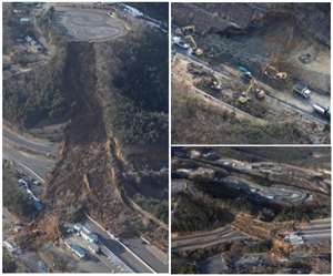 विमान से ली गई ये तस्वीरें जापान के जोबन एक्सप्रेसवे की है जहां शनिवार को आए भूकंप से भूस्खलन हुआ।