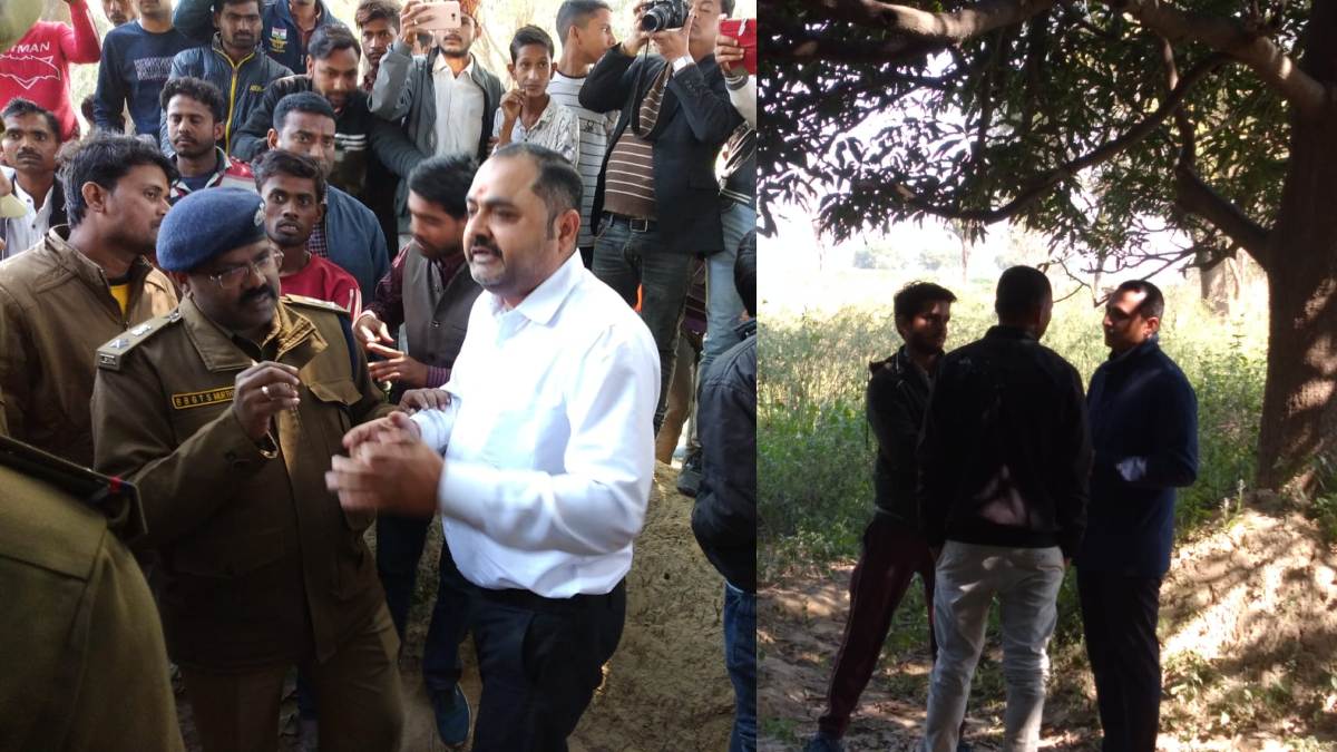 मैं ब्राह्मण हूं महासभा के राष्ट्रीय अध्यक्ष दुर्गेश मणि त्रिपाठी से बात करते एसपी (दाएं), मृतका के बेटे वंश और शिवम से बात करते कमिश्नर (बाएं)