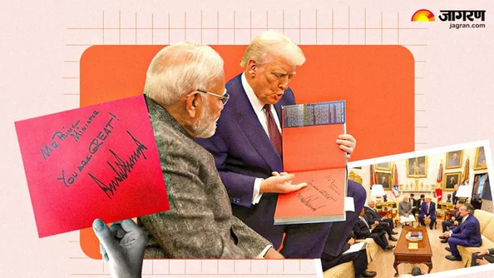 अमेरिकी राष्ट्रपति डोनाल्ड ट्रंप ने पीएम मोदी को किताब भेंट की।(फोटो सोर्स: एएनआई)