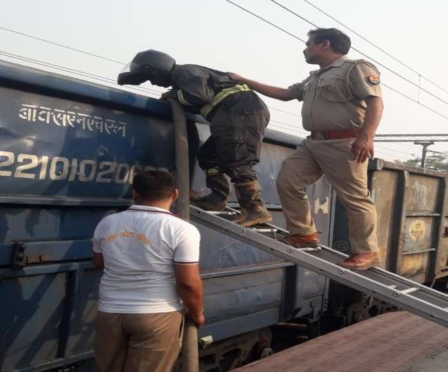 fire in wagon of coal laden goods train in meerut