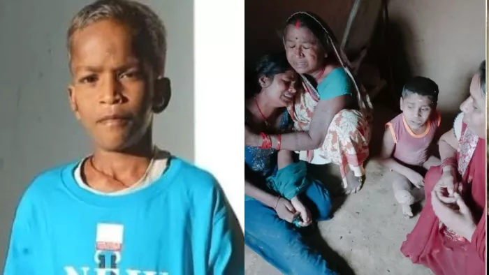 संतन की फाइल फोटो और उसके रोते-बिलखते परिजन।