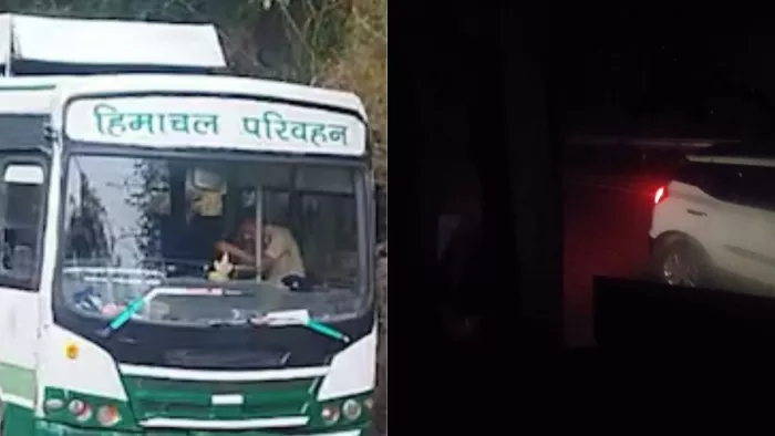 एचआरटीसी बस रात को मोड़ पर एक गाड़ी के साथ टकराने से बाल-बाल बच गई।
