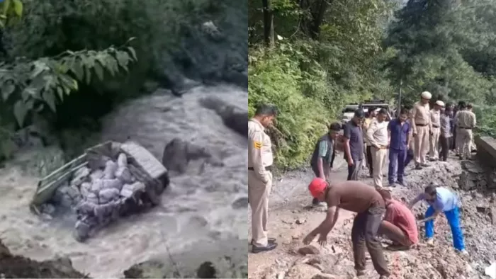 कुल्लू के बंजार में सड़क धंसने से नदी में गिरी जीप व मार्ग की मरम्मत में जुटे कर्मचारी।