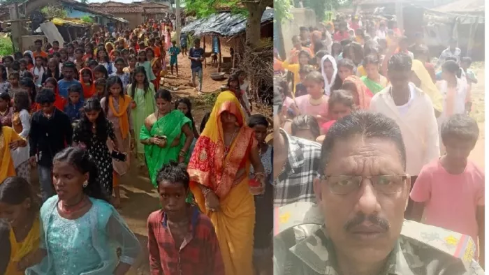 मारपीट की घटना के बाद पुलिस की देखरेख में निकली कलश यात्रा।
