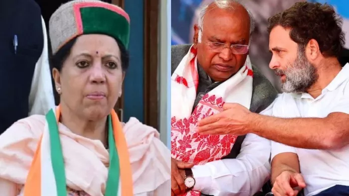 हिमाचल कांग्रेस अध्यक्ष प्रतिभा सिंह और मल्लिकार्जुन खरगे व राहुल गांधी।