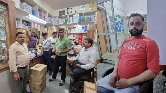 हे मां मेडिकल एजेंसी पर छापा के दौरान औषधि विभाग की टीम और आरोपित। फाइल