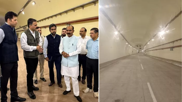 फोरलेन पर कैंचीमोड़ में बनकर तैयार हुई सुरंग का निरीक्षण करते सड़क परिवहन एवं राजमार्ग राजमंत्री अजय टाम्टा। जागरण