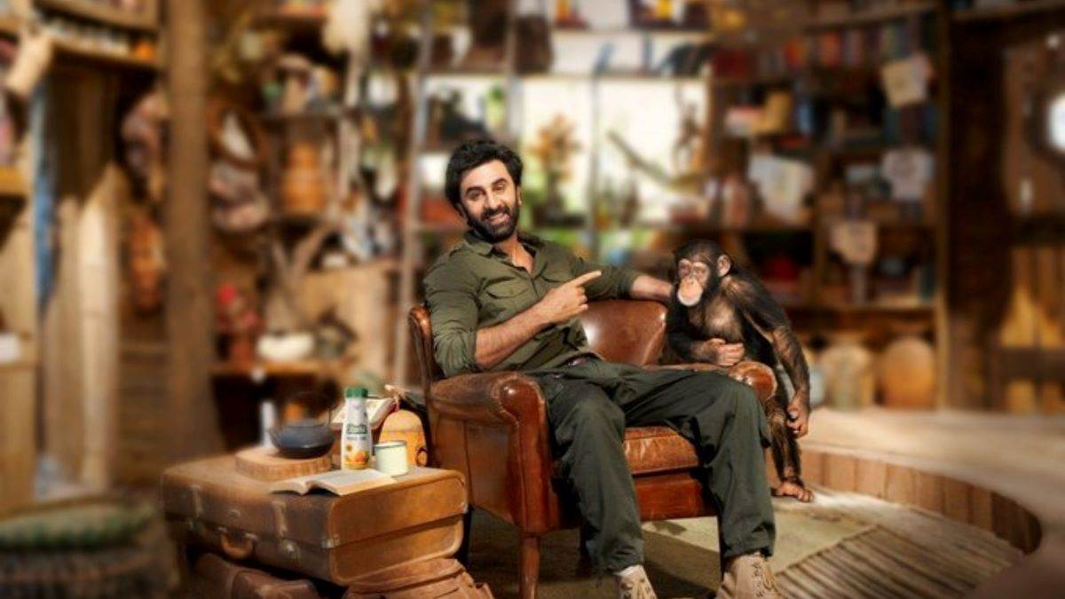 ranbir kapoor poses with chimpanzee fans get curious