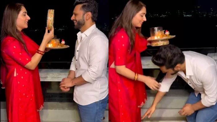 bigg boss ex contestant rahul vaidya touched disha parmar feet on karwa chauth 2022 occasion. Photo Credit- Instagram