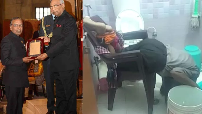 पूर्व राष्ट्रपति रामनाथ कोविन्द से सम्मान लेते बृजकिशोर। बाथरूम में मिला शव।