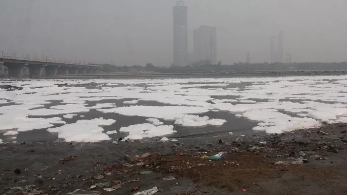 मैली यमुना, सफाई की आस : यमुना के जल पर तैरते गंदगी के झाग और किनारों पर फैला कूड़ा।