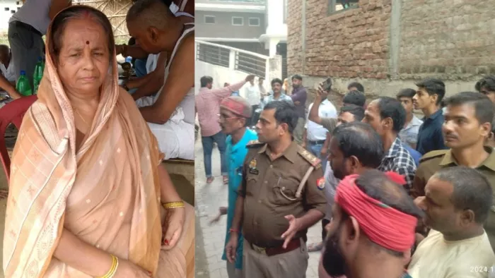 बाएं मृतक चंद्रावती देवी व घटनास्थल पर पहुंची पुलिस व भीड़। जागरण