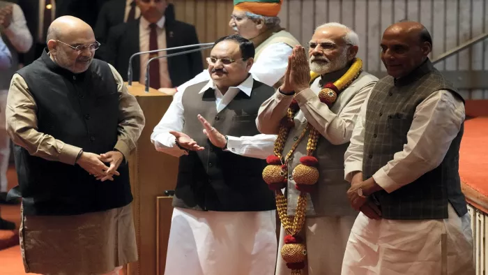 संसदीय दल की बैठक में पीएम मोदी, रक्षा मंत्री राजनाथ सिंह, गृह मंत्री अमित शाह (फोटो पीटीआई)