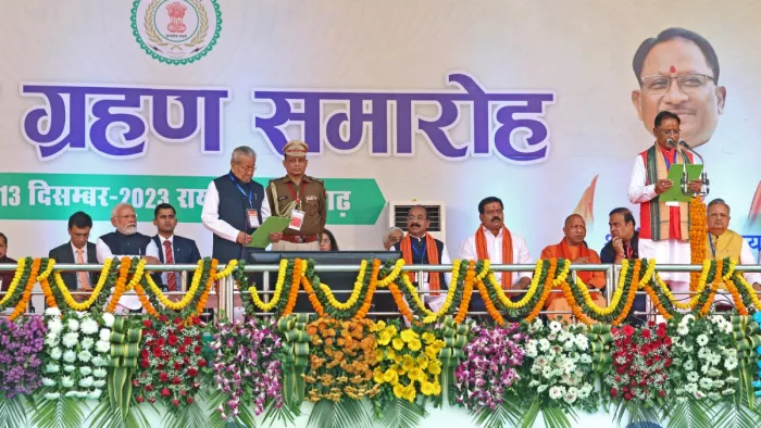 छत्तीसगढ़ के मुख्यमंत्री विष्णुदेव साय शपथ ग्रहण समारोह के दौरान (फोटो- ANI)