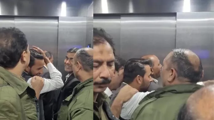कचहरी परिसर के 14 न्यायालय भवन की लिफ्ट में फंसे शहर विधायक एवं उनके गनर और अधिवक्तागण। सौ. वीडियोग्रैब