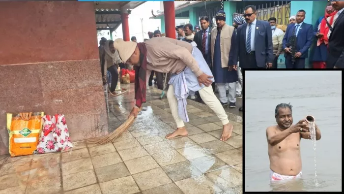 मंदिर की साफ-सफाई करते भाजपा अध्यक्ष बाबूलाल मरांडी।