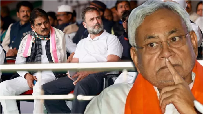 औरंगाबाद के गांधी मैदान में मंच पर राहुल गांधी के साथ निखिल कुमार एवं अन्य। (जागरण फोटो)