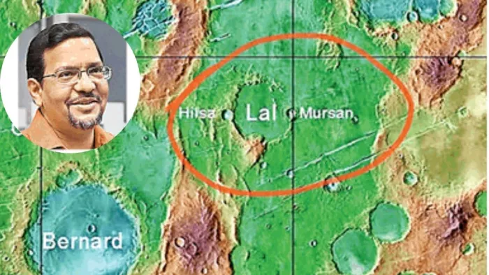 इनसेट में डा. अनिल भारद्वाज। मंगल पर खोजे गए लाल, मुरसान और हिलसा क्रेटर (लाल घेरे में)l पीआरएल