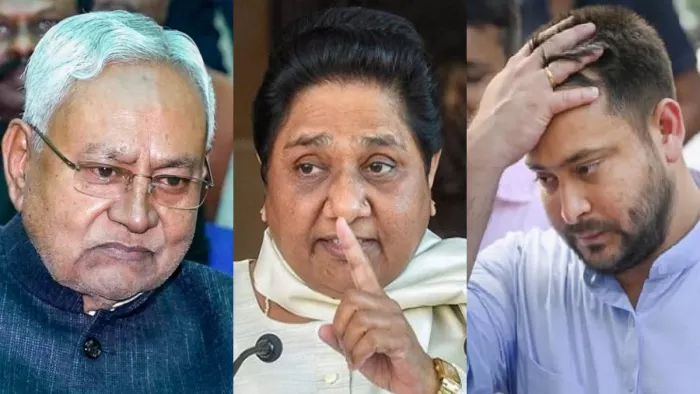 सीएम नीतीश कुमार, बसपा सुप्रीमो मायावती और नेता प्रतिपक्ष तेजस्वी यादव। (फाइल फोटो)