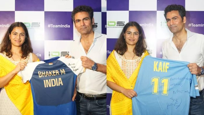 मनु भाकर और मोहम्मद कैफ ने जर्सी की एक्सचेंज (Pic Credit- IOS Sports & Entertainment)