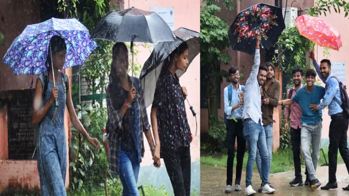 पटना में वर्षा के दौरान छतरी बनी सहारा। जागरण