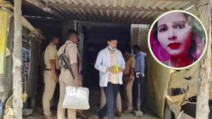 घटना के बाद मौके पर जांच करती पुलिस। इनसेट में मृतका। (जागरण)