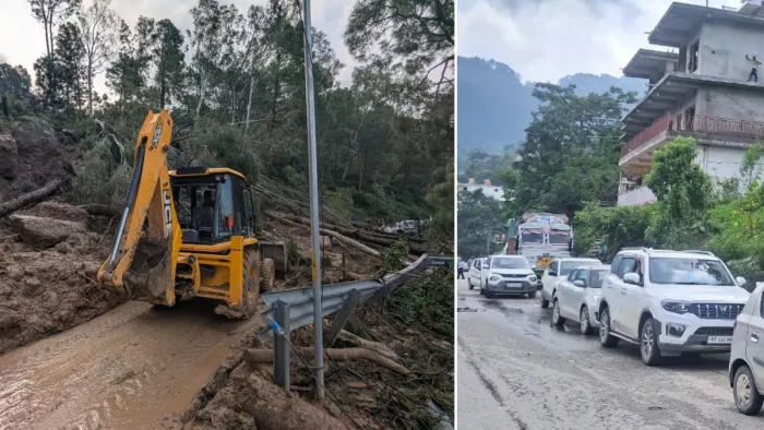 चंबा पठानकोट एनएच पर नैनीखड्ड में बंद मार्ग की बहाली में जुटी मशीनरी और फंसे वाहन। जागरण
