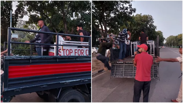 पीयू हास्टल में रेड के दौरान पकड़े गए आउटसाइडर्स को थाने ले जाती पुलिस।