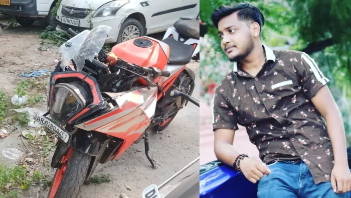 जवाहर लाल नेहरू विश्वविद्यालय परिसर में हुए हादसे में दुर्घटनाग्रस्त केटीएम बाइक और अंशु कुमार।