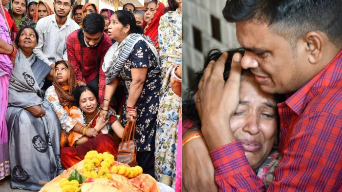 चालक विजय साहू का शव लेकर निकलते स्वजन। (फोटो- जागरण)