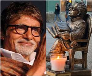 अमिताभ बच्चन और हरिवंश राय बच्चन की मूर्ति ( फोटो क्रेडिट - इंस्टाग्राम )