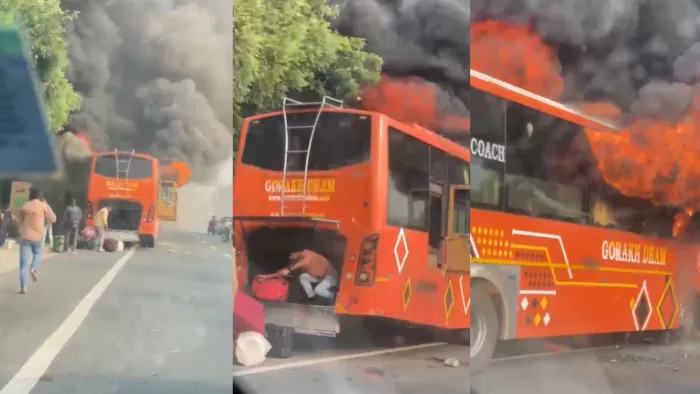 नोएडा में बुधवार को चलती बस में भीषण आग लग गई।