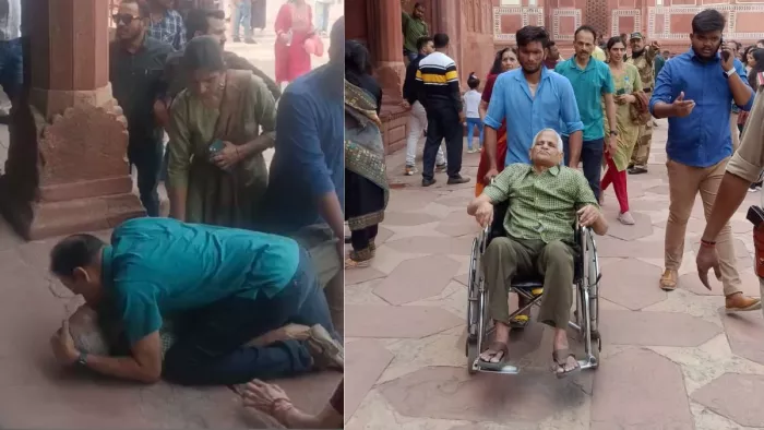 पिता को मुंह से सीपीआर देता बेटा, व्हील चेयर से बुजुर्ग को ले जाते कर्मी।