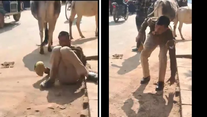 सिपाही के नशे में धुत होकर सड़क पर गिरने-पड़ने का एक वीडियो वायरल।