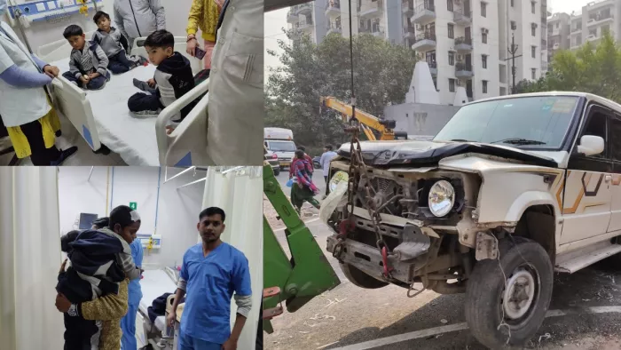 गाजियाबाद में तेज रफ्तार सूमो की स्कूल वैन से हुई जोरदार टक्कर।