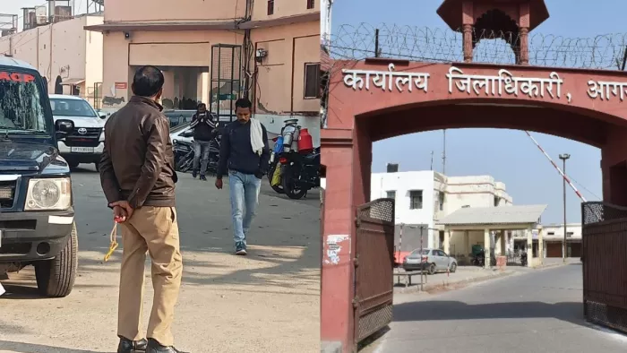 Agra News: कलक्ट्रेट में बंदरों से बचाव के लिए होमगार्डों ने थामी गुलेल।