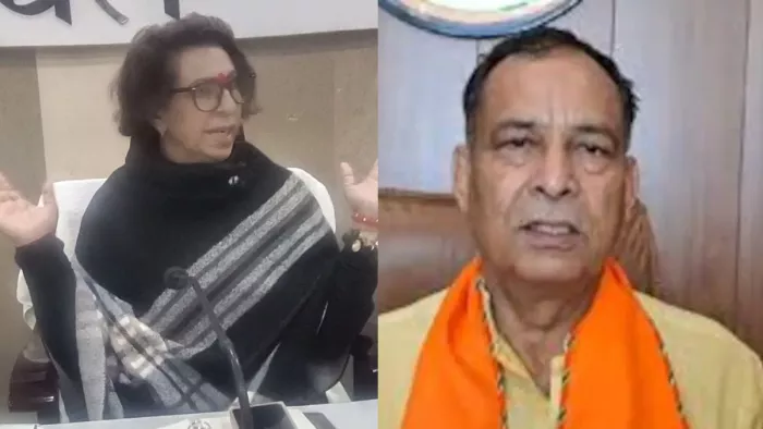 हरियाणा राज्य महिला आयोग की चेयरपर्सन रेनू भाटिया और बीजेपी नेता मोहनलाल बड़ौली। फाइल फोटो
