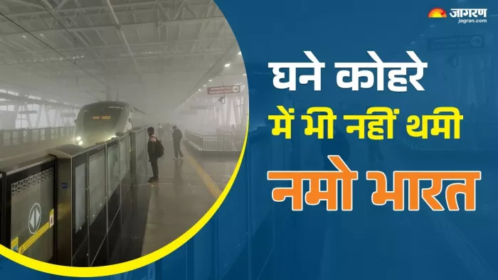 कोहरे के बीच प्लेटफार्म से निकलने को तैयार नमो भारत ट्रेन। सौ. इंटरनेट मीडिया