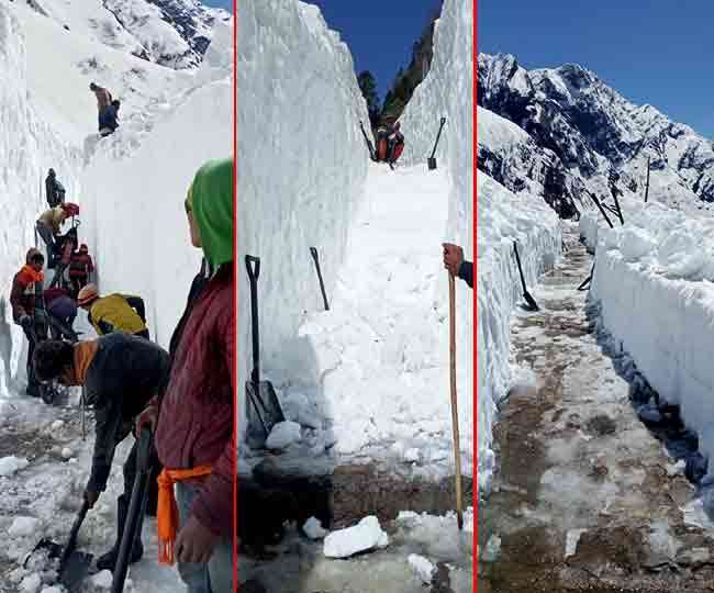 केदारनाथ पैदल मार्ग पर जमी है छह फीट से अधिक बर्फ, तस्‍वीरों में देखें कैसे इसके बीच से बनाया जा रहा रास्‍ता - Kedarnath Yatra 2022 More than six feet snow in Kedarnath