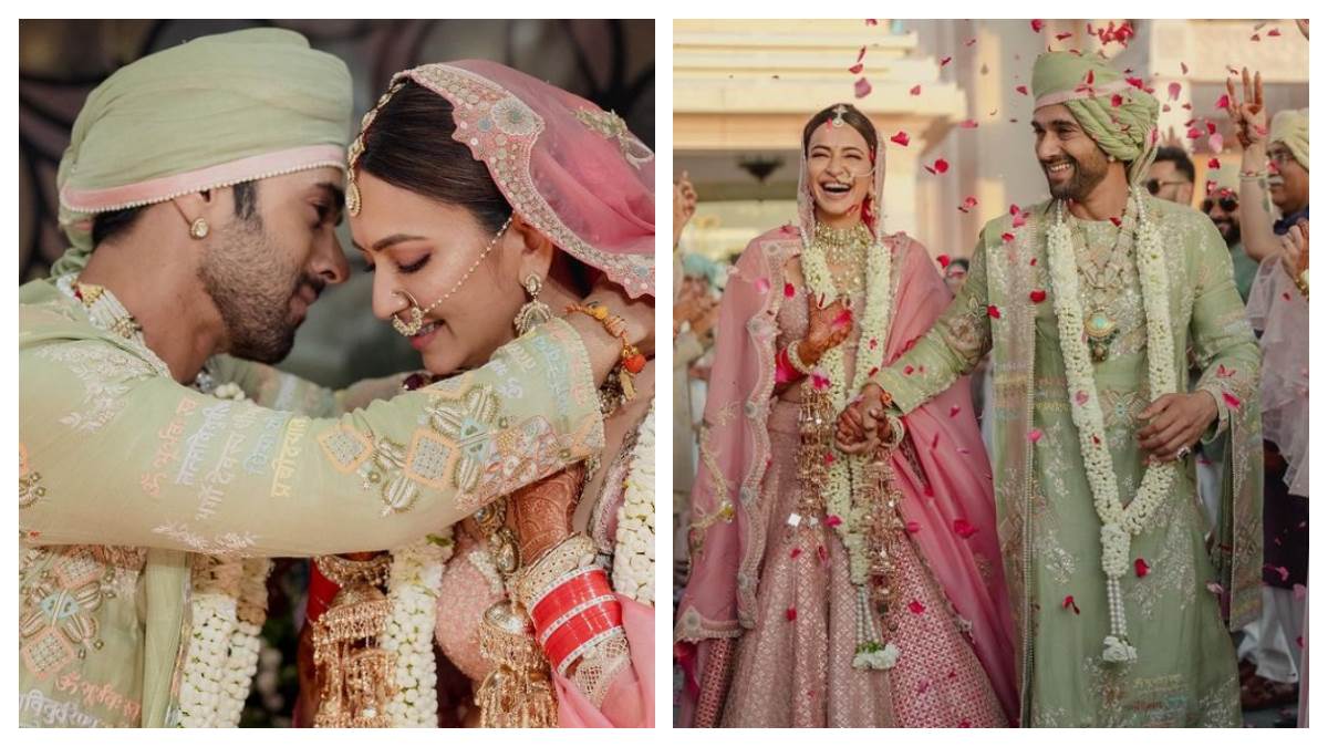 pulkit samrat kriti kharbanda first wedding photos pulkit sherwani have gayatri mantra written in it check bride groom look