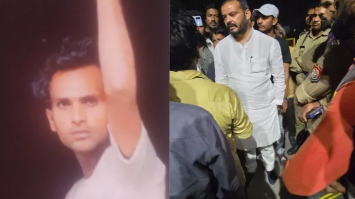 मृतक माजिद की फाइल फोटो और घटनास्थल पर पहुंचे लोग।